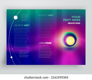 Tri-fold luminescence rays 3d sphere object vector cover design template violet and blue color gradient vector 