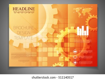 Tri-fold technology brochure design template with gears. Abstract vector tech flyer background