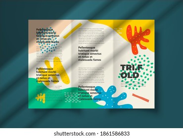 Tri-fold template design hand drawn various shapes and doodle objects leafs dots theme. Cover abstract contemporary modern trendy vector illustration