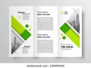 Tri-fold template stripes, squares and triangles green color brochure design vector