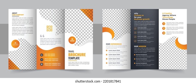 Trifold Travel Brochure Template, Creative and Professional Travel Agency Trifold Brochure Layout. Tri fold brochure design with circle, corporate business template for tri fold flyer.