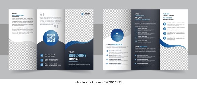 Trifold Travel Brochure Template, Creative and Professional Travel Agency Trifold Brochure Layout. Tri fold brochure design with circle, corporate business template for tri fold flyer.