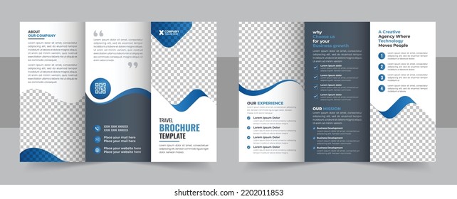 Trifold Travel Brochure Template, Creative and Professional Travel Agency Trifold Brochure Layout. abstract tri fold brochure or flyer template vector with circle, blue color, in a4 paper size