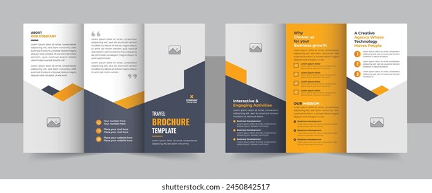 Trifold Travel Brochure Template, Creative and Professional Travel Agency Trifold Brochure vector eps. Creative and Professional Travel Agency Trifold Brochure Layout.