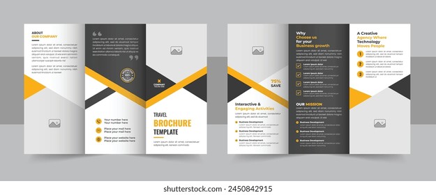 Trifold Travel Brochure Template, Creative and Professional Travel Agency Trifold Brochure Layout. Creative travel and tourism trifold brochure template design