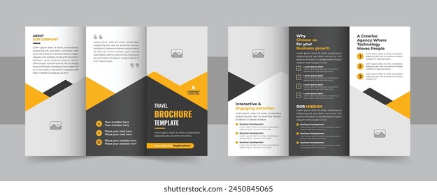 Trifold Travel Brochure Template, Creative and Professional Travel Agency Trifold Brochure Layout. Travel agency trifold brochure design, modern travel trifold brochure template