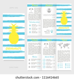 Tri-fold travel brochure template. Pineapple on a striped background. Exotic tropical fruit.