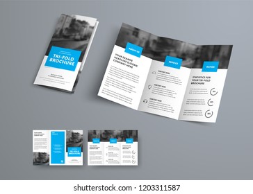 Tri-fold vector brochure template with blue rectangular elements for headers. White design for business and advertising.