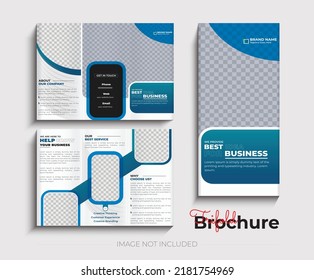 Tri-fold yellow brochure design with square and abstract shapes, corporate business template