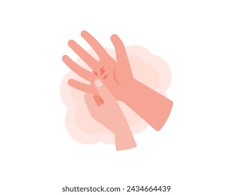 Trigger Finger. Illustration of a hand with a bent finger. inflammation of tendons or bone connective tissue. pain in the hands. disease or symptoms. health. flat style illustration design. graphic