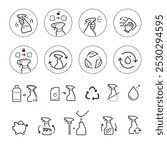 Trigger spray icon set. Set of vector icons including spray bottle instructions and icons with main advantages. The outline icons are well scalable and editable. Can be used for cleaning products. EPS