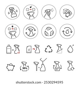 Trigger spray icon set. Set of vector icons including spray bottle instructions and icons with main advantages. The outline icons are well scalable and editable. Can be used for cleaning products. EPS