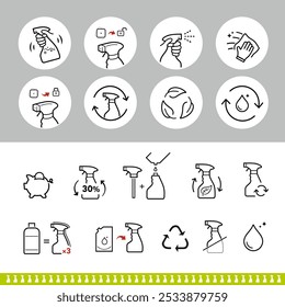 Trigger spray for refill, using, recycling packaging icon set. The outline icons are well scalable and editable. Can be used for cleaning products, chemicals, sprayers. EPS10.	