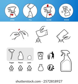 Trigger spray for refill, using, recycling packaging icon set. The outline icons are well scalable and editable. Can be used for cleaning products, chemicals, sprayers. EPS10.