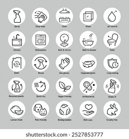 Trigger spray set icons for surface care. The outline icons are well scalable and editable. Contrasting elements are good for different backgrounds. Can be used for cleaning products, chemicals. EPS10