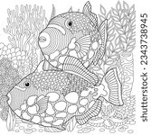 Triggerfish coloring page. Underwater colouring design.