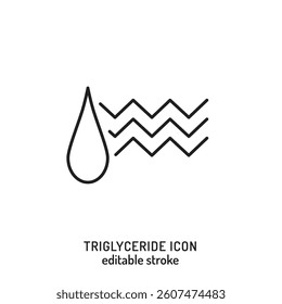 Triglyceride structure icon. Glycerol backbone connected to three fatty acids. Simplified molecular diagram for biology, biochemistry, and nutrition education. Vector illustration. Editable stroke 