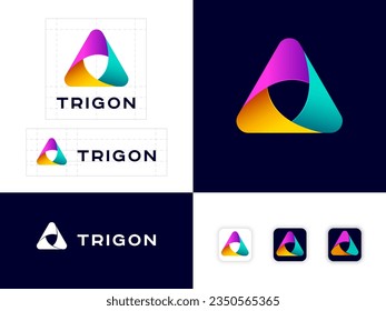 Trigon logo. Three color ribbons, intertwined elements, infinite, looping, rotation icon. Identity.  Web buttons.