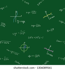 Trigonometric formulas and graphics, seamless pattern on a green background. Drawn with a vector brush.