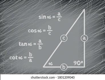 Trigonometric functions in a right triangle drawn on a gray board. Graphic presentation for math teachers.