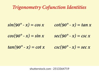 Trigonometry Cofunction Identities. Education. School. Science. Vector illustration.