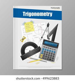 Plantilla de volante de trigonometría con lápices calculadores de reglas de cuaderno de goma y ilustración vectorial de brújula