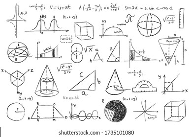 Trigonometry Functions, Charts And Mathematical Formulas. Doodle Math And Geometry Concept. Vector Image Of Algebra And Geometry Tasks. Set Of Hand Drawn Sketch Geometric Shapes.