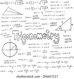 Trigonometry law theory and mathematical formula equation, doodle handwriting icon in white isolated background with hand drawn model, create by vector
