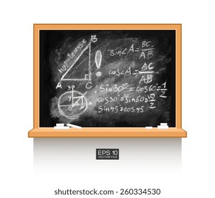 Trigonometry math lecture, right triangle, hypotenuse, cathetus. Chalkboard isolated texture background with mathematical formula, numbers, figure. Hand drawn vector illustration. Wood, wooden frame.  