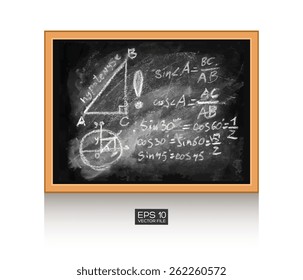 Trigonometry math lecture, right triangle, hypotenuse, cathetus. Chalkboard isolated texture background with mathematical formula, numbers, figure. Hand drawn vector illustration. Wood, wooden frame. 