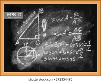 Trigonometry math lecture, right triangle, hypotenuse, cathetus. Chalkboard isolated texture background with mathematical formula, numbers, figure. Hand drawn vector illustration. Wood, wooden frame.