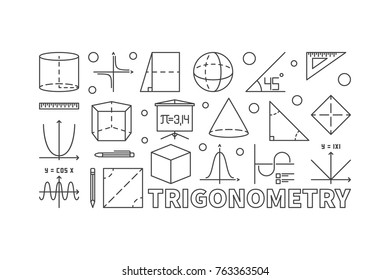 Trigonometry and math minimal illustration or banner in line style on white background