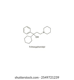 Trihexyphenidyl flat skeletal molecular structure Anticholinergic drug drug used in Parkinson's disease, muscle relaxation treatment. Vector illustration scientific diagram.
