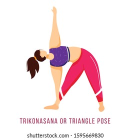 Trikonasana flat vector illustration. Triangle pose. Caucausian woman performing yoga posture in pink and purple sportswear. Workout. Physical exercise. Isolated cartoon character on white background