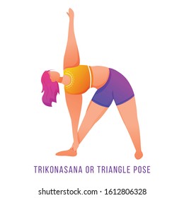 Trikonasana flat vector illustration. Triangle pose. Caucausian woman doing yoga in orange and purple sportswear. Workout, fitness. Physical exercise. Isolated cartoon character on white background