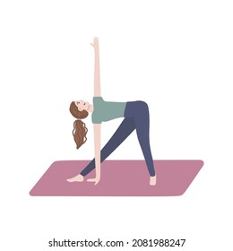 Trikonasana yoga pose. Young woman character practicing on yoga mat. Flat vector illustration