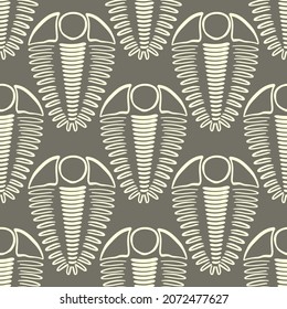 Trilobite vector seamless pattern background. Hand drawn arthropod ribbed shell marine fossils. Neutral brown duotone backdrop.Extinct cambrian period predators. Repeat for education, museum, school.