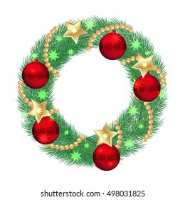 Trim a Christmas wreath of fir branches. Isolated object on a white background, vector illustration