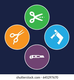 Trim icons set. set of 4 trim filled icons such as barber scissors, nail gun, cutter