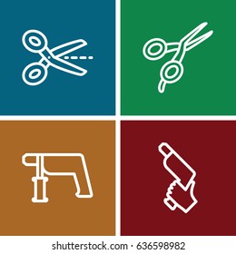 Trim icons set. set of 4 trim outline icons such as barber scissors, nail gun
