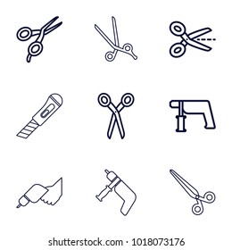 Trim icons. set of 9 editable outline trim icons such as barber scissors, nail gun, scissors