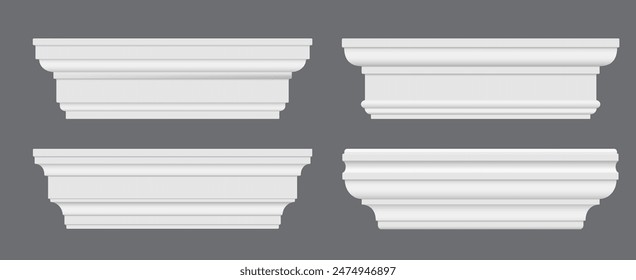 Zierleisten, Gesims formen, Hauswandverkleidung innen weißes Baseboard aus Holz oder Putz. Vektorgrafik 3D Deckenverkleidung, Rand, Sockelplatte und -platte, Wandverkleidung und Pfeilerkapitel