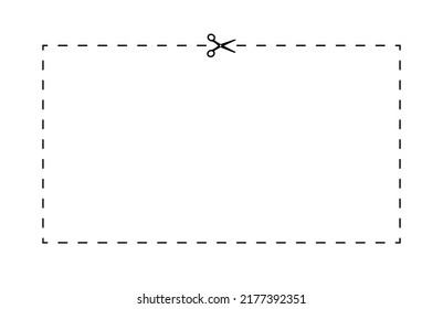 Trim ribbon with scissor isolated on coupon. Scissor with dash cut line. Dot marks in crop rectangle shape on background. Black shear border on voucher. Vector illustration.