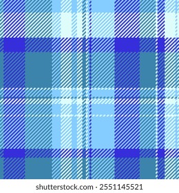 Trim textile seamless pattern, indigo fabric tartan texture. Seventies background vector check plaid in cyan and light sky blue colors palette.