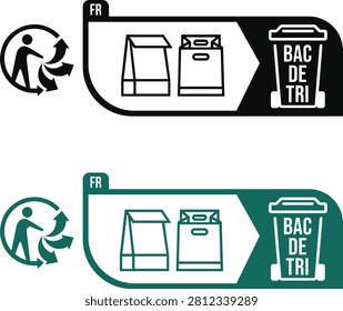 Triman Paper bag and sachet packaging sorting instruction icon for French recycling bin, guiding disposal of flexible consumer packaging materials