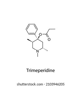 Estructura molecular de trimeperidina, fórmula química esquelética plana. Opioide, analgésico, narcótico, analgésico, utilizado para el tratamiento. Ilustración vectorial.
