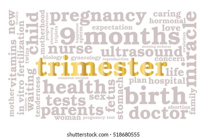 Trimester. Word cloud, golden font, white background. The miracle of birth.