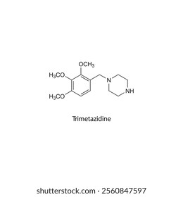 Trimetazidine flat skeletal molecular structure β-oxidation inhibitor drug used in angina pectoris treatment. Vector illustration scientific diagram.