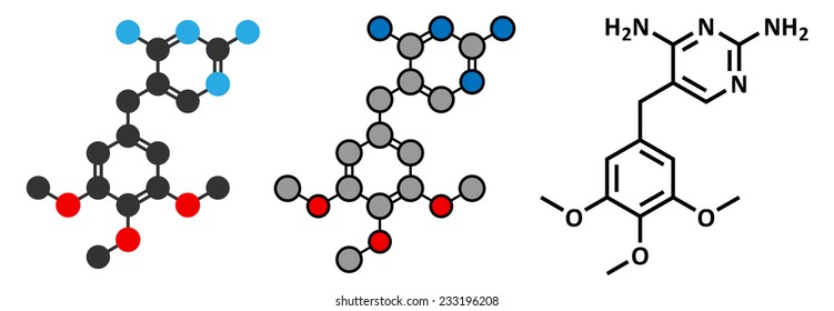 Trimethoprim antibiotic drug molecule. Conventional skeletal formula and stylized representations. 