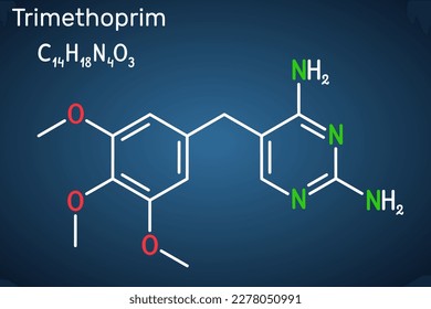 Trimethoprim, TMP molecule. It is antifolate antibiotic  used to treat of infections of urinary, gastrointestinal tracts. Structural chemical formula on the dark blue background. Vector illustration